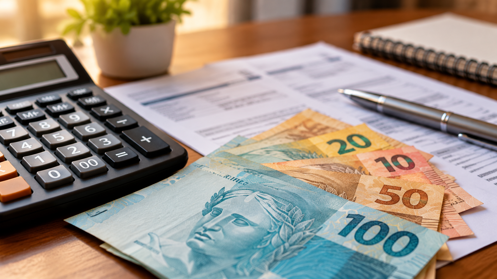 Calculadora, cédulas de real e documentos financeiros sobre uma mesa, ilustrando a renegociação de dívidas do Desenrola 3.0.